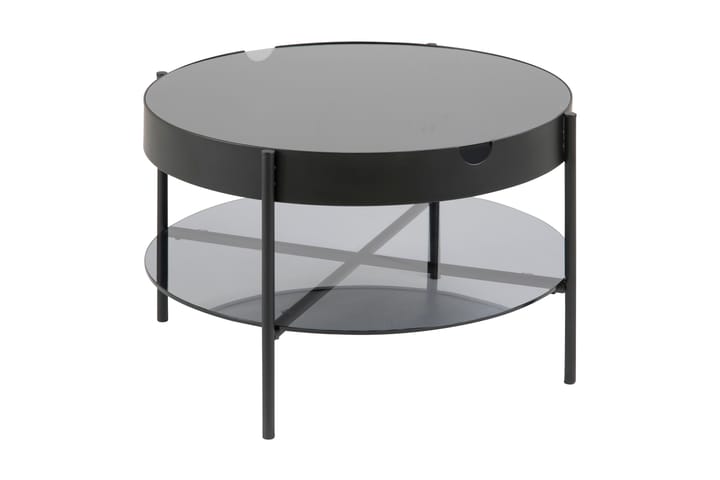 Sohvapöytä Anabel 75 cm Pyöreä Säilytyksellä Hylly - Savunvärinen Lasi/Musta - Sohvapöytä