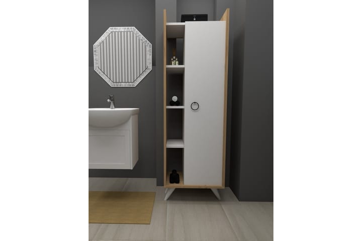 Kylpyhuonekaappi 32x155 cm - Luonnonväri/Valkoinen - Kylpyhuoneekaappi valaistuksella - Seinäkaappi & korkea kaappi - Pyykkikaappi - Kylpyhuonekaapit