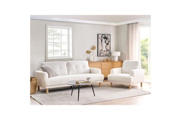 3-sitssoffa Beliani Tuve Beige, ljust trä, Bouclé White||Light colored wood - Huonekalut - Sohva - 3:n istuttava sohva
