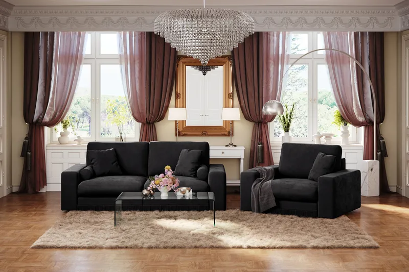 Arken Lyx 3-istuttava Syvä Samettinen sohva - Musta - Huonekalut - Sohva - 3:n istuttava sohva