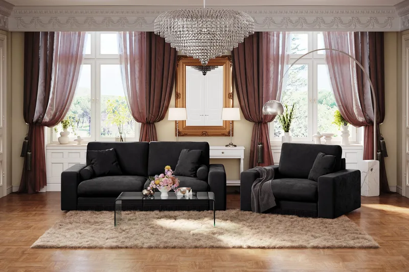 Arken Lyx 3-istuttava Syvä Samettinen sohva - Musta - Huonekalut - Sohva - 3:n istuttava sohva