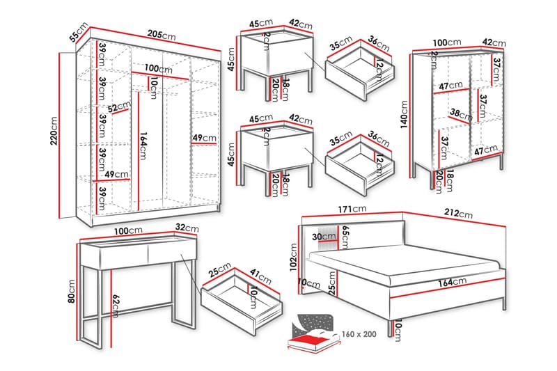 Amelus Huonekalusetti Makuuhuoneeseen - Ruskea - Huonekalut - Kalustesetit - Makuuhuoneen kalustesetit