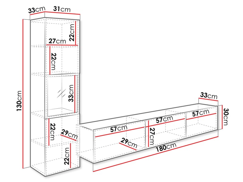 Bergfelde TV-yksikkö 2 osaa Valaistuksella - Huonekalut - Kalustesetit - Olohuoneen kalustesetit