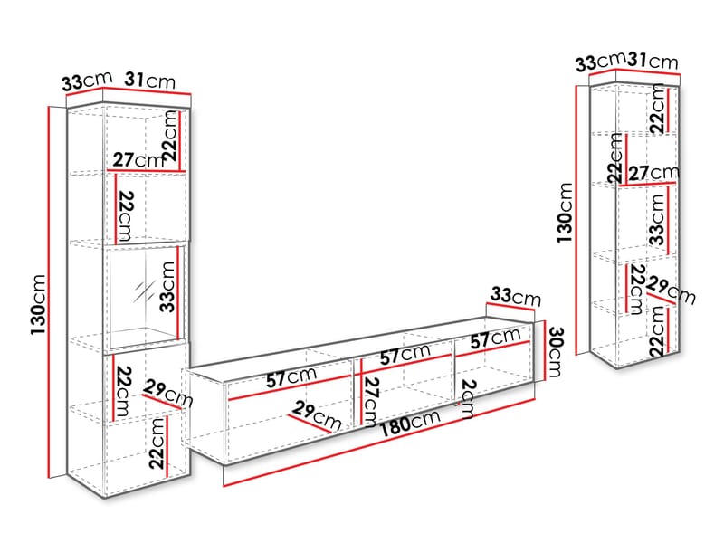 Bergfelde TV-yksikkö 3 osaa Valaistuksella - Huonekalut - Kalustesetit - Olohuoneen kalustesetit
