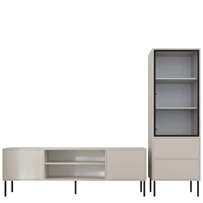 Claven olohuoneen kalustesetti – TV-taso ja vitriinikaappi - beige - Huonekalut - Kalustesetit - Olohuoneen kalustesetit