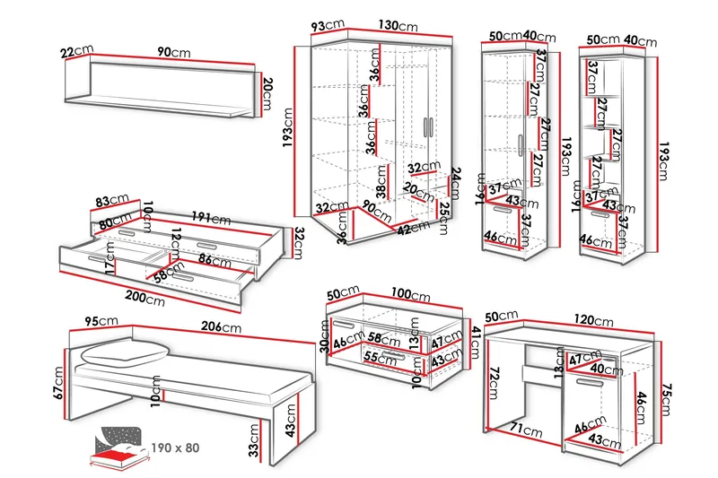 Dekona Kalustesetti Makuuhuoneeseen - Harmaa/Valkoinen - Huonekalut - Kalustesetit - Makuuhuoneen kalustesetit
