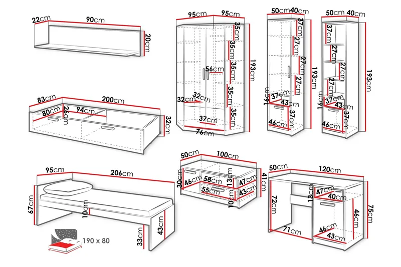 Dekona Kalustesetti Makuuhuoneeseen - Harmaa/Valkoinen - Huonekalut - Kalustesetit - Makuuhuoneen kalustesetit