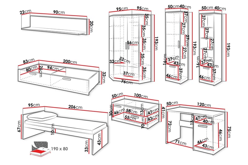 Dekona Kalustesetti Makuuhuoneeseen - Harmaa/Valkoinen - Huonekalut - Kalustesetit - Makuuhuoneen kalustesetit
