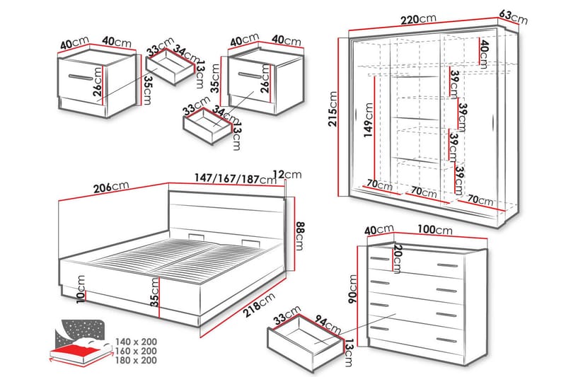 Dentrona-Huonekalusetti Makuuhuoneeseen - Musta - Huonekalut - Kalustesetit - Makuuhuoneen kalustesetit