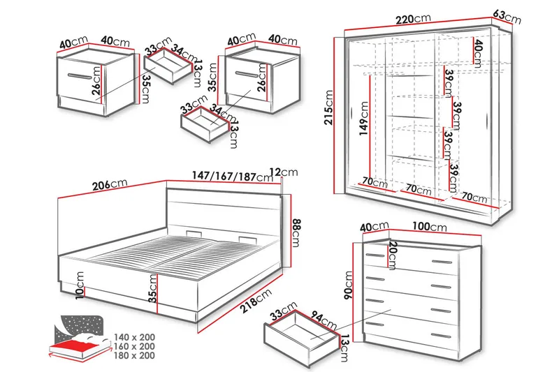 Dentrona-Huonekalusetti Makuuhuoneeseen - Valkoinen/Beige - Huonekalut - Kalustesetit - Makuuhuoneen kalustesetit