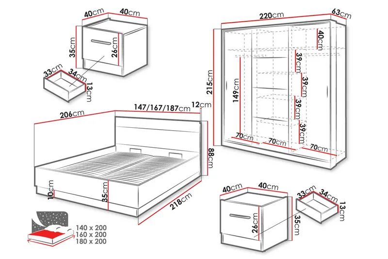 Dentrona-Huonekalusetti Makuuhuoneeseen - Valkoinen/Beige - Huonekalut - Kalustesetit - Makuuhuoneen kalustesetit