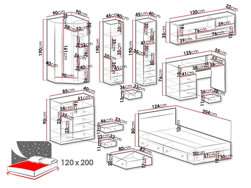 Elvaren Makuuhuoneen Kalustesetti - Huonekalut - Kalustesetit - Makuuhuoneen kalustesetit