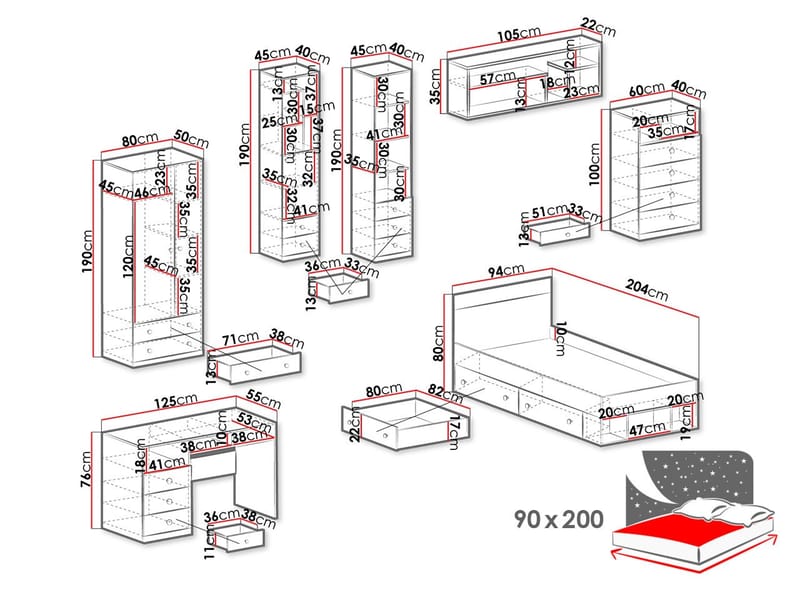 Elvaren Makuuhuoneen Kalustesetti - Huonekalut - Kalustesetit - Makuuhuoneen kalustesetit