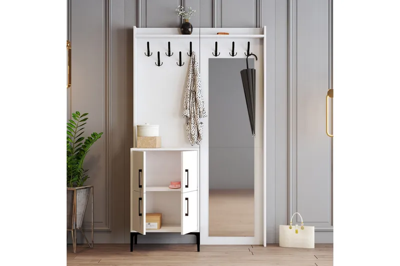 Eteiskalustepaketti Kotzen 35x120 cm peilillä - Valkoinen - Huonekalut - Kalustesetit - Eteisen kalustesetit