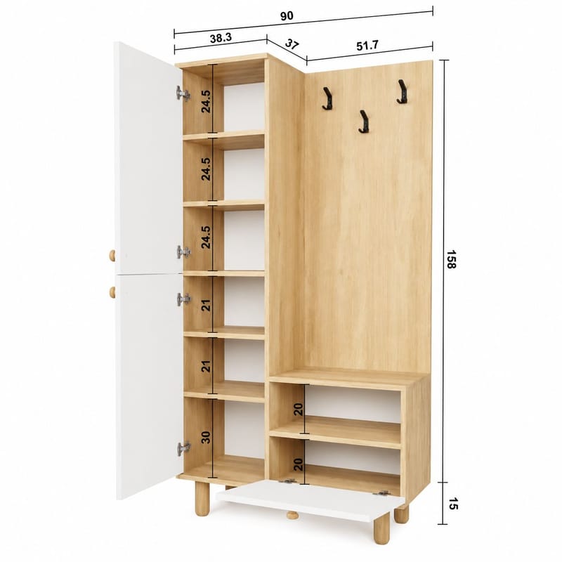 Eteiskaluste Hanah Home Forma (90 x 173 x 37 cm) Valkotammi - Valkoinen ja tammi - Huonekalut - Kalustesetit - Eteisen kalustesetit