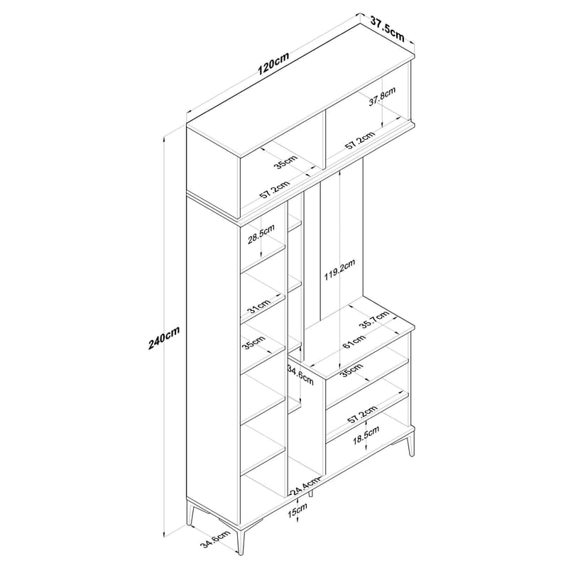 Eteiskaluste Wallxpert Fenn EA120 (120 x 240 x 37,5 cm) pähkinä/valkoinen - Pähkinä ja valkoinen - Huonekalut - Kalustesetit - Eteisen kalustesetit