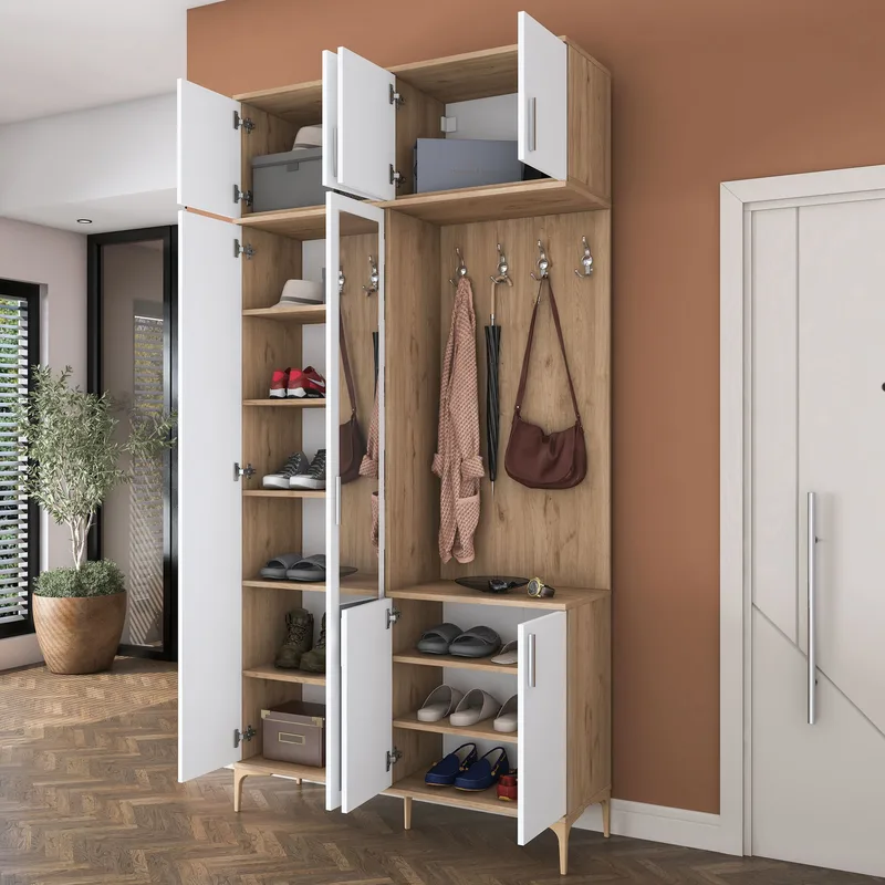 Eteiskaluste Wallxpert Fenn EA153 (120 x 240 x 37,5 cm) Pähkinä/valkoinen - Pähkinä ja valkoinen - Huonekalut - Kalustesetit - Eteisen kalustesetit