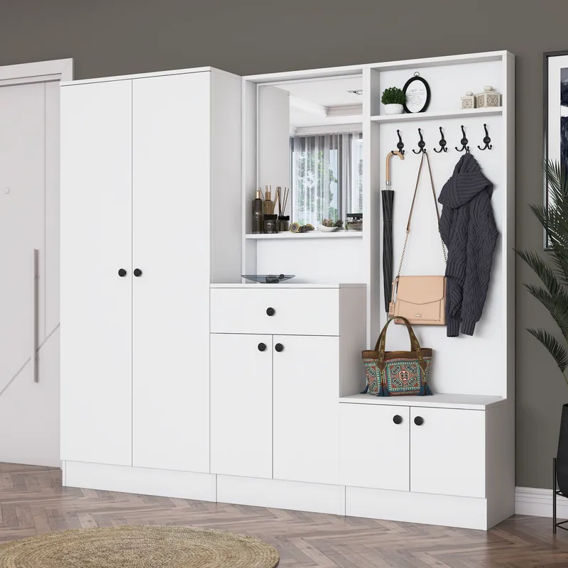 Eteiskaluste Wallxpert Hyla (199,4 x 182,2 x 37,5 cm) Valkoinen - Valkoinen - Huonekalut - Kalustesetit - Eteisen kalustesetit