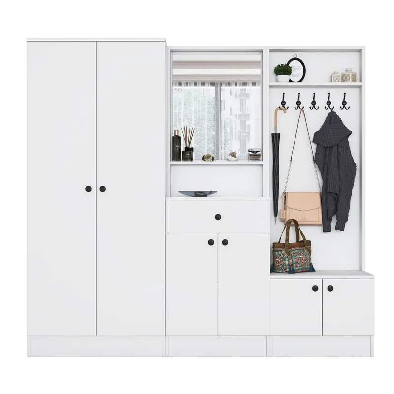 Eteiskaluste Wallxpert Hyla (199,4 x 182,2 x 37,5 cm) Valkoinen - Valkoinen - Huonekalut - Kalustesetit - Eteisen kalustesetit
