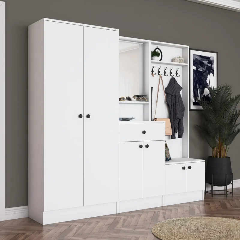 Eteiskaluste Wallxpert Hyla (199,4 x 182,2 x 37,5 cm) Valkoinen - Valkoinen - Huonekalut - Kalustesetit - Eteisen kalustesetit