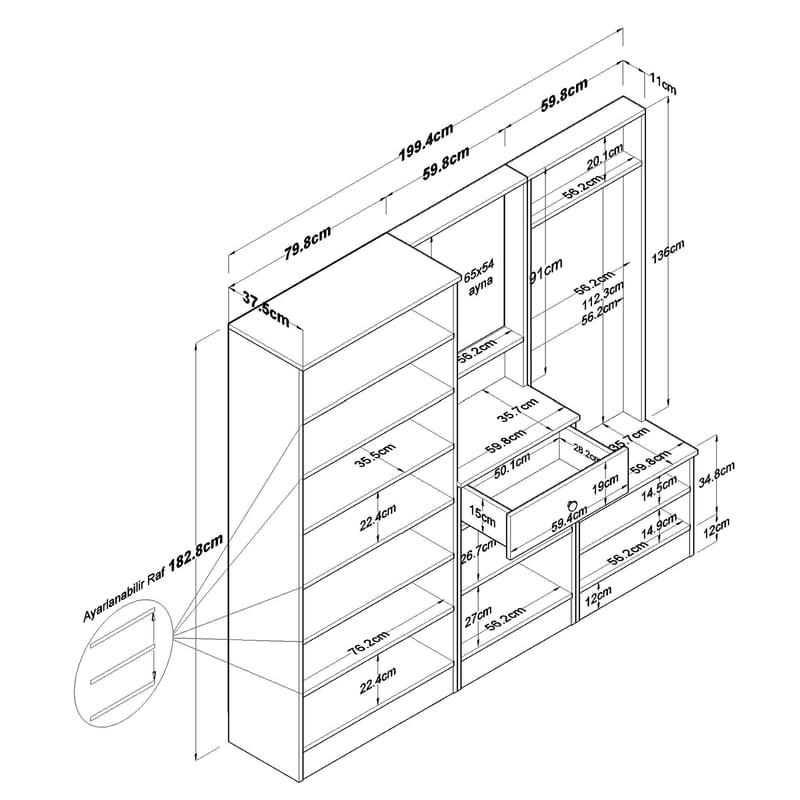 Eteiskaluste Wallxpert Hyla (199,4 x 182,2 x 37,5 cm) Valkoinen - Valkoinen - Huonekalut - Kalustesetit - Eteisen kalustesetit