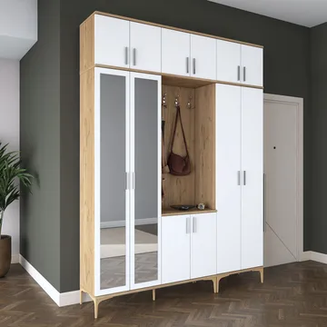 Eteiskaluste Wallxpert Isla-hylly (180 x 240 x 37,5 cm) pähkinä valkoinen - Pähkinä ja valkoinen - Huonekalut - Kalustesetit - Eteisen kalustesetit