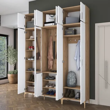 Eteiskaluste Wallxpert Isla-hylly (180 x 240 x 37,5 cm) pähkinä valkoinen - Pähkinä ja valkoinen - Huonekalut - Kalustesetit - Eteisen kalustesetit