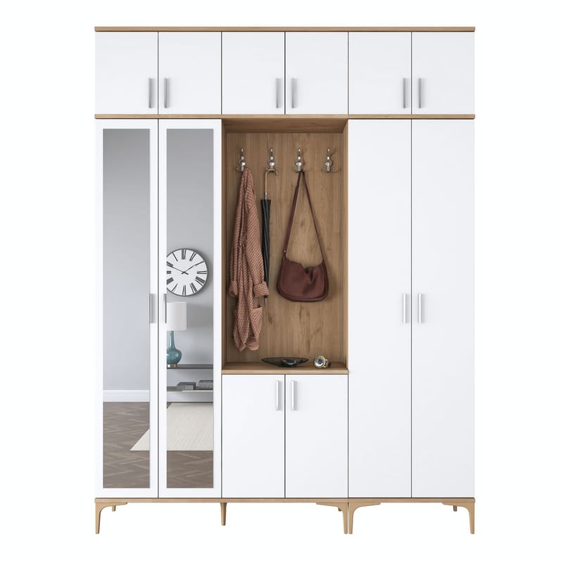 Eteiskaluste Wallxpert Isla-hylly (180 x 240 x 37,5 cm) pähkinä valkoinen - Pähkinä ja valkoinen - Huonekalut - Kalustesetit - Eteisen kalustesetit