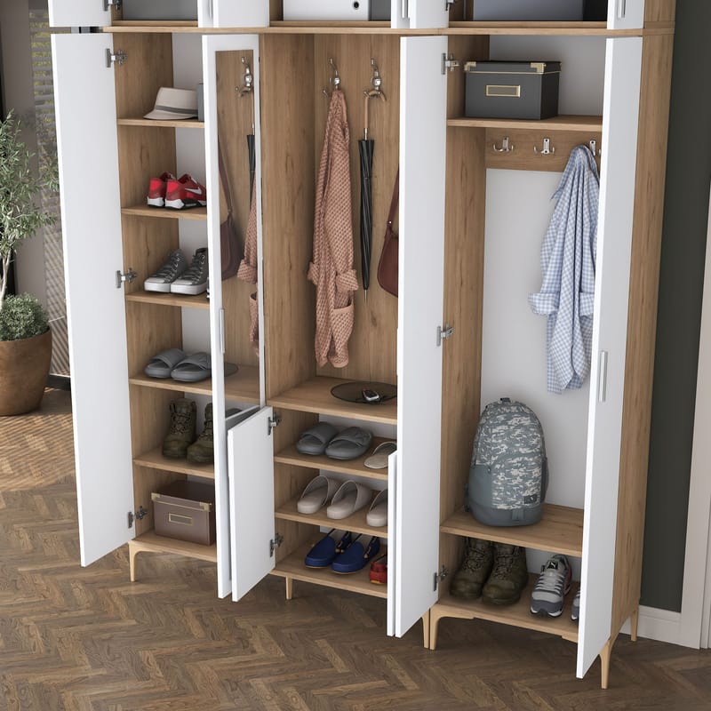 Eteiskaluste Wallxpert Isla-hylly (180 x 240 x 37,5 cm) pähkinä valkoinen - Pähkinä ja valkoinen - Huonekalut - Kalustesetit - Eteisen kalustesetit