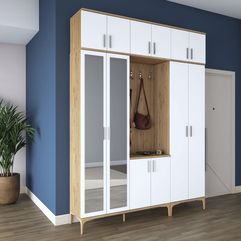 Eteiskaluste Wallxpert Isla-hylly v2 (180 x 240 x 37,5 cm) pähkinä valkoinen - Pähkinä ja valkoinen - Huonekalut - Kalustesetit - Eteisen kalustesetit
