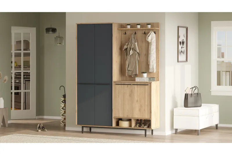 Ethelred Eteisen Kalustesetti - Tammi/Antrasiitti - Huonekalut - Kalustesetit - Eteisen kalustesetit