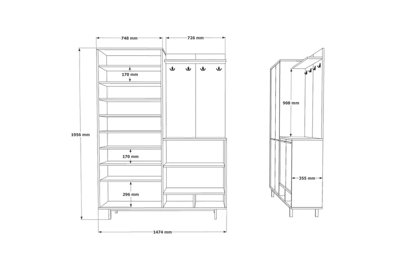 Ethelred Eteisen Kalustesetti - Tammi/Valkoinen - Huonekalut - Kalustesetit - Eteisen kalustesetit