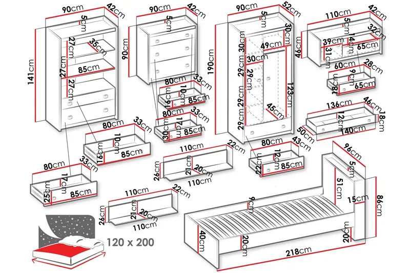 Evorana-Huonekalusetti Makuuhuoneeseen - Ruskea/Tummanharmaa - Huonekalut - Kalustesetit - Makuuhuoneen kalustesetit