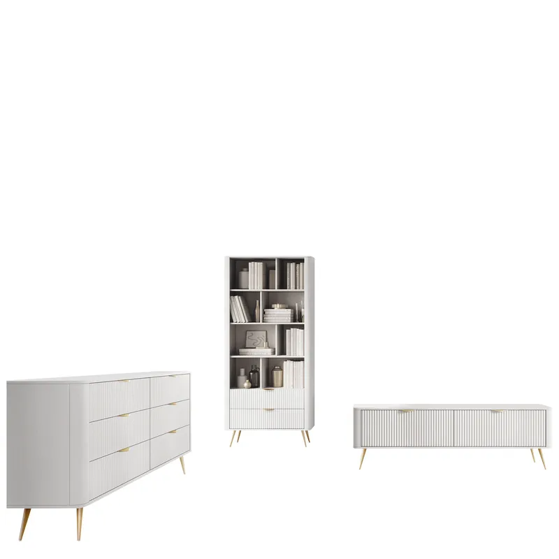 Forba olohuoneen kalustesetti – TV-taso, kirjahylly ja senkki, valkoinen