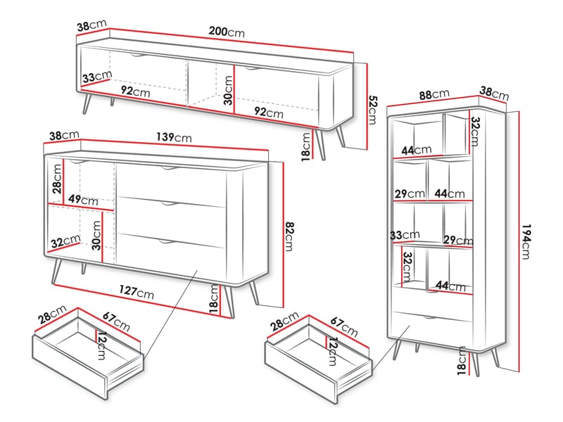 Forba olohuoneen kalustesetti – TV-taso, kirjahylly ja senkki - valkoinen - Huonekalut - Kalustesetit - Olohuoneen kalustesetit