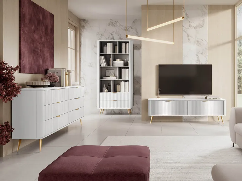 Forba olohuoneen kalustesetti – TV-taso, kirjahylly ja senkki - valkoinen - Huonekalut - Kalustesetit - Olohuoneen kalustesetit