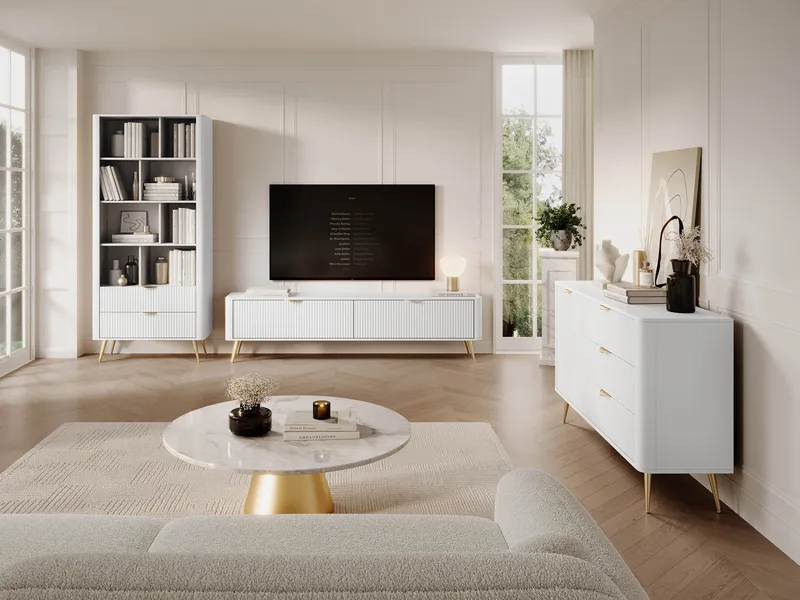 Forba olohuoneen kalustesetti – TV-taso, kirjahylly ja senkki - valkoinen - Huonekalut - Kalustesetit - Olohuoneen kalustesetit