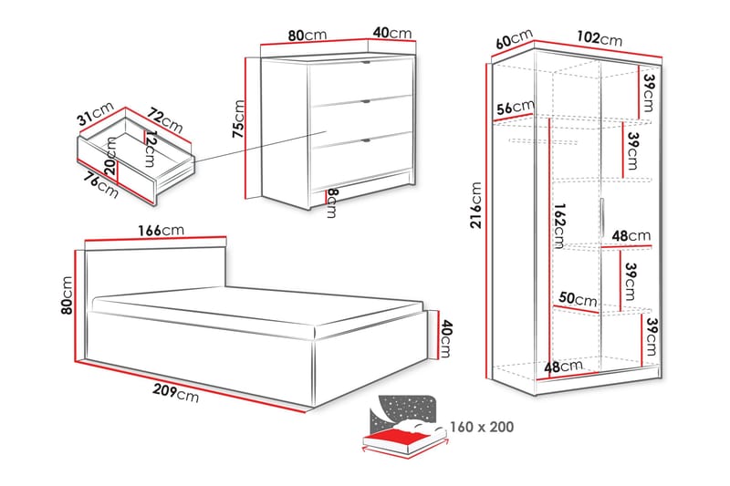 Gudelia-Huonekalusetti Makuuhuoneeseen - Valkoinen - Huonekalut - Kalustesetit - Makuuhuoneen kalustesetit