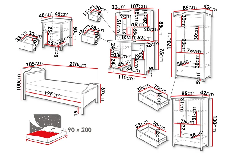 Hilts Makuuhuoneen Kalustesarja - Valkoinen/Vaaleanpunainen - Huonekalut - Kalustesetit - Makuuhuoneen kalustesetit