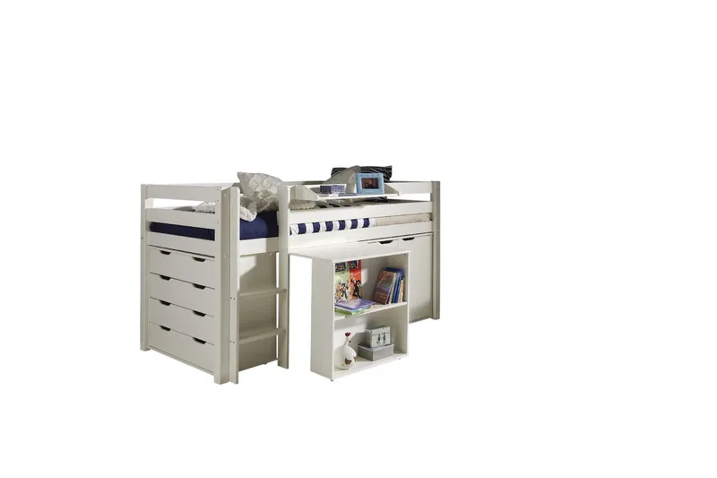 Keskikorkea sänky kirjoituspöydällä, 4-ovisella kaapilla, ripustushyllyllä ja 2-ovisella kaapilla Pino, undefined