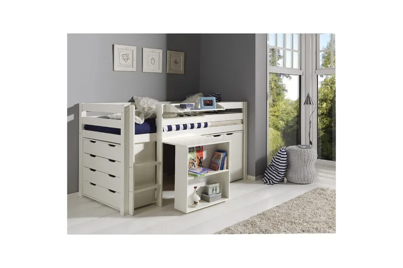 Keskikorkea sänky kirjoituspöydällä, 4-ovisella kaapilla, ripustushyllyllä ja 2-ovisella kaapilla Pino - Huonekalut - Lasten kalusteet - Lasten huonekalusetti