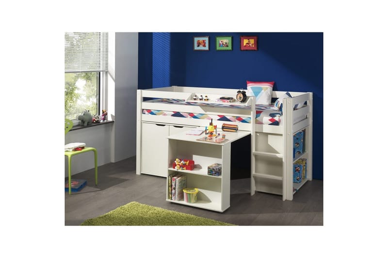 Keskikorkea sänky kirjoituspöydällä, kirjahyllyllä, 2-ovisella kaapilla ja ripustushyllyllä Pino - Huonekalut - Lasten kalusteet - Lasten huonekalusetti
