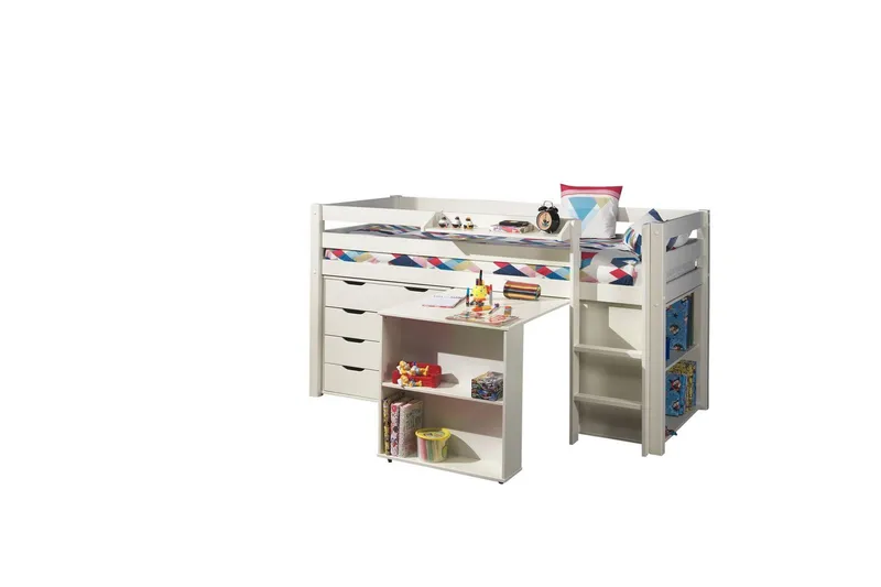 Keskikorkea sänky kirjoituspöydällä, kirjahyllyllä ja 4-ovisella kaapilla, jossa ripustushylly Pino, undefined