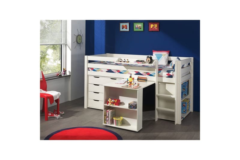 Keskikorkea sänky kirjoituspöydällä, kirjahyllyllä ja 4-ovisella kaapilla, jossa ripustushylly Pino - Huonekalut - Lasten kalusteet - Lasten huonekalusetti