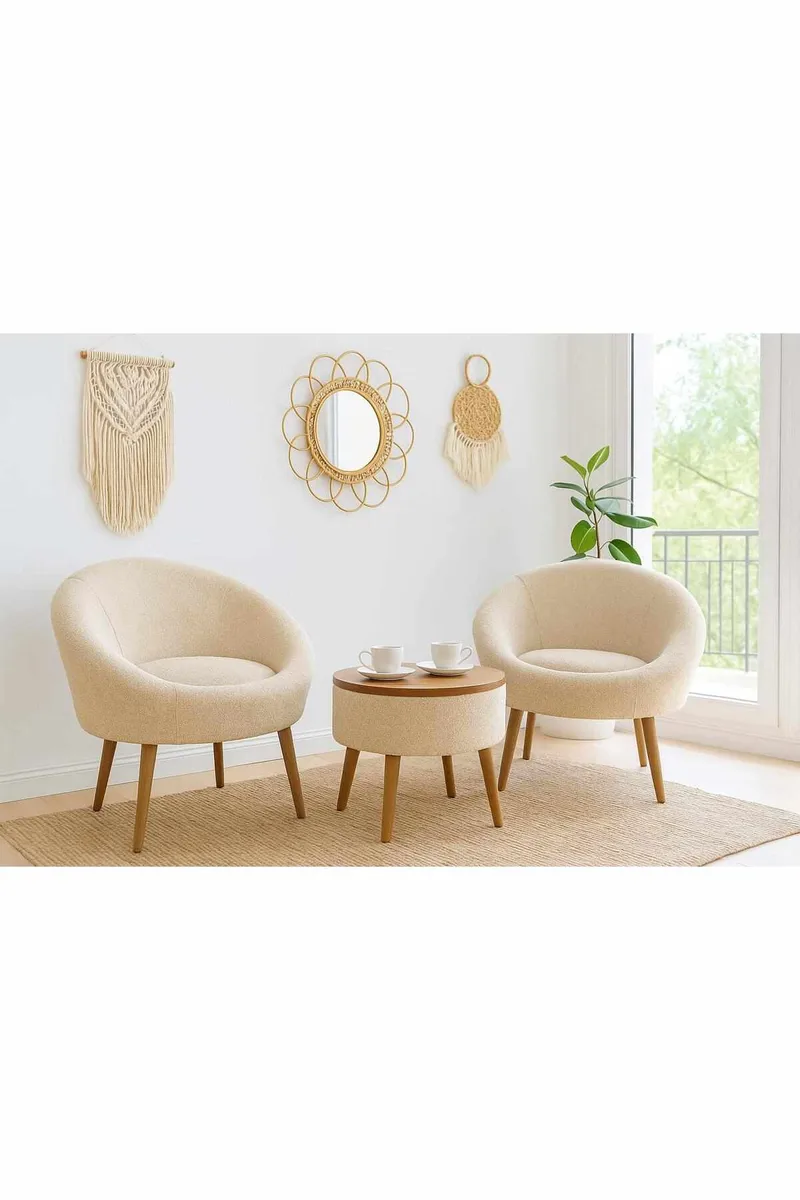 Lepotuoli- ja sohvapöytäsarja (3 osaa) Atelier Del Sofa Lida Linen (75 x 100 x 42 cm) Kermanvärinen - Huonekalut - Kalustesetit - Olohuoneen kalustesetit