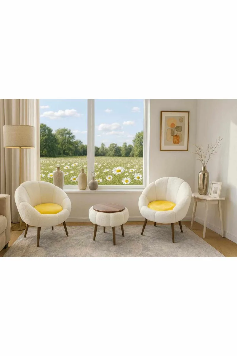 Lepotuoli- ja sohvapöytäsarja (3 osaa) Atelier Del Sofa Lida Linen (75 x 100 x 42 cm) Valkoinen - Huonekalut - Kalustesetit - Olohuoneen kalustesetit