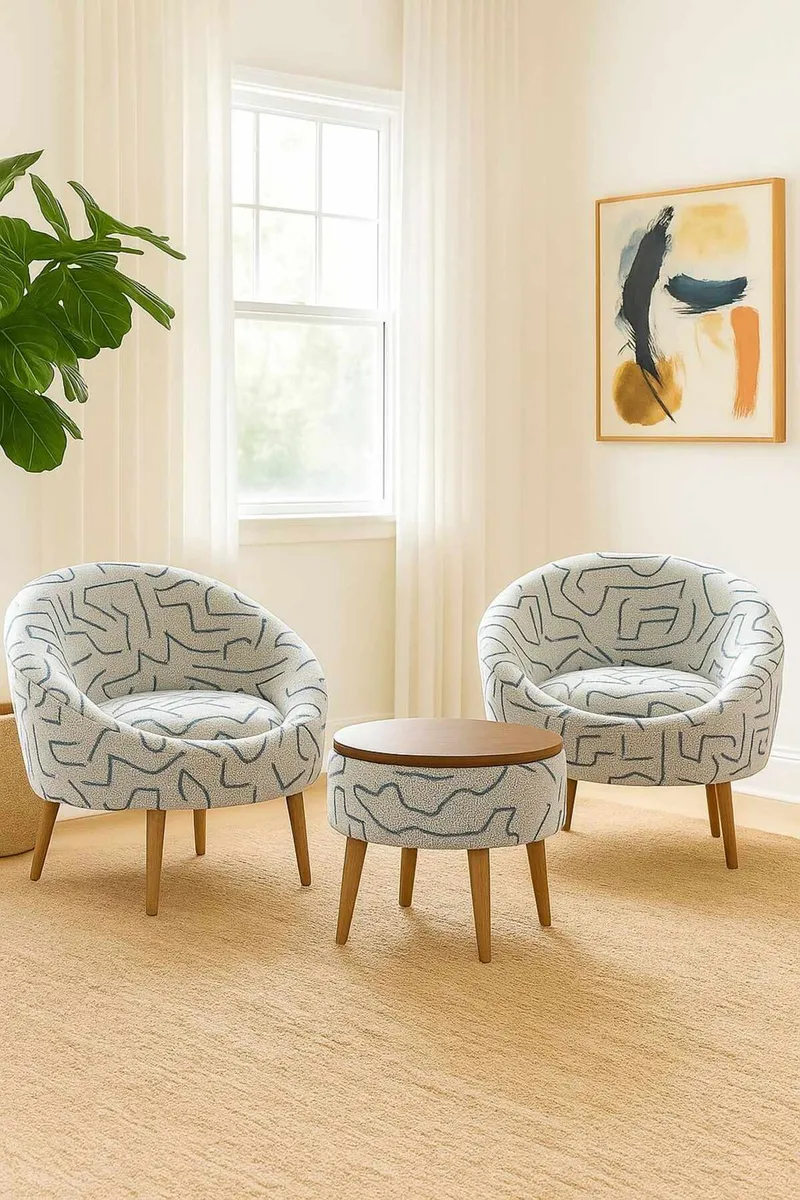 Lepotuoli- ja sohvapöytäsarja (3 osaa) Atelier Del Sofa Lida Weave (75 x 100 x 42 cm) Tummansininen Valkoinen - Tummansininen ja valkoinen - Huonekalut - Kalustesetit - Olohuoneen kalustesetit