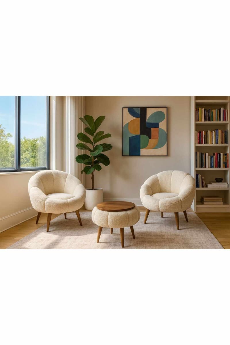 Lepotuoli- ja sohvapöytäsarja (3 osaa) Atelier Del Sofa Lida Wellsoft (75 x 100 x 42 cm) Kermanvärinen - Huonekalut - Kalustesetit - Olohuoneen kalustesetit