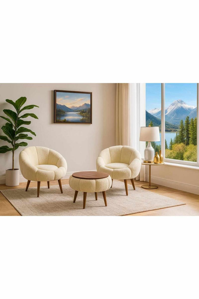 Lepotuoli- ja sohvapöytäsarja (3 osaa) Atelier Del Sofa Lida Wellsoft (75 x 100 x 42 cm) Kermanvärinen - Huonekalut - Kalustesetit - Olohuoneen kalustesetit