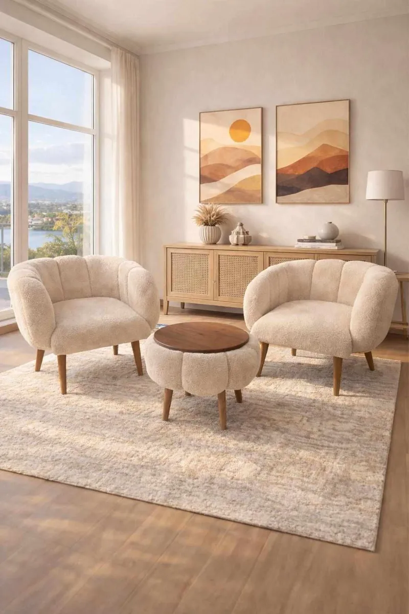 Lepotuoli- ja sohvapöytäsarja (3 osaa) Atelier Del Sofa Lotus Wellsoft (75 x 100 x 42 cm) Beige - Huonekalut - Kalustesetit - Olohuoneen kalustesetit
